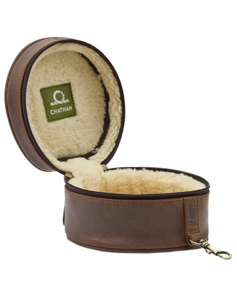 Brown Coloured Chatham Premium Antique Oiled Leather Hearing Protection Case on white background