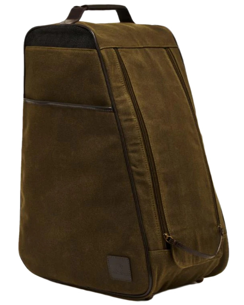 Green Dark Brown Coloured Chatham Waxed Canvas And Leather Bootbag on white background