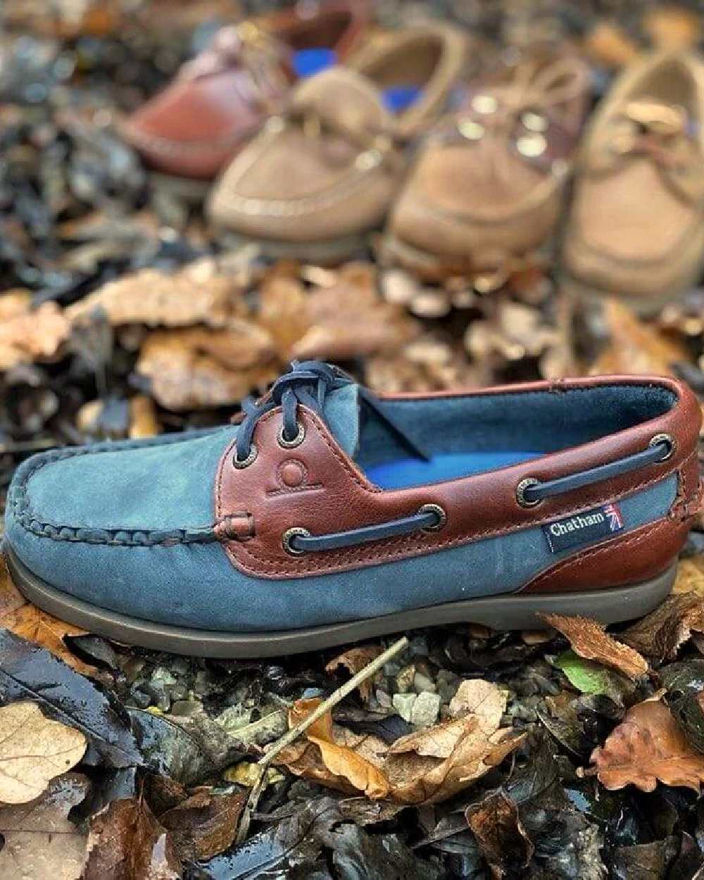Navy Seahorse Coloured Chatham Womens Bermuda G2 Leather Boat Shoes on land background