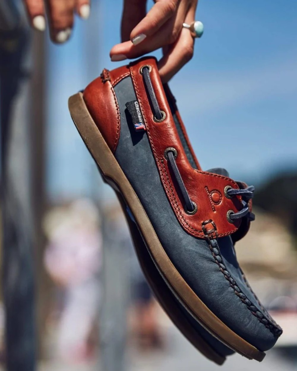 Navy Seahorse Coloured Chatham Womens Bermuda G2 Leather Boat Shoes on blurry background