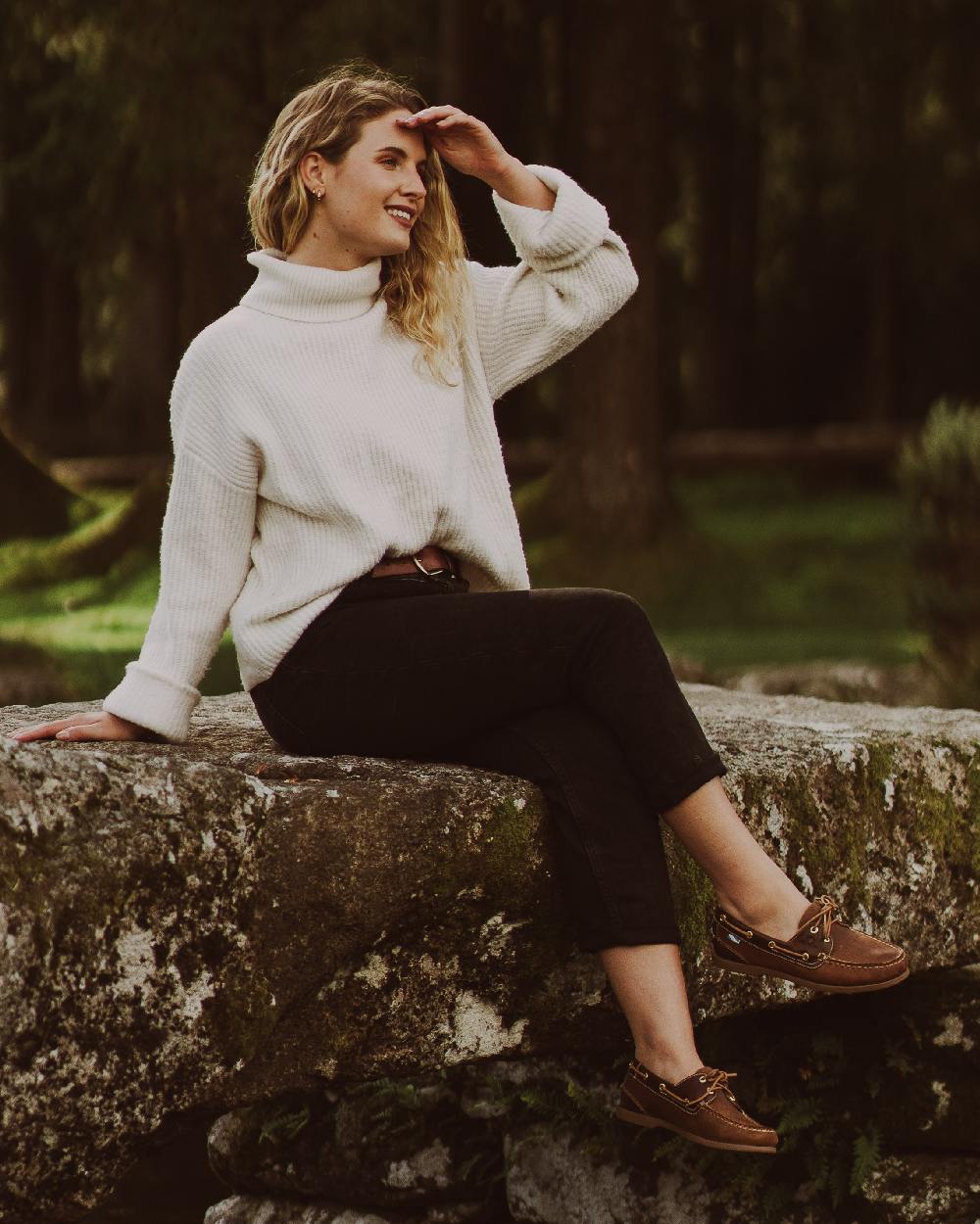 Walnut Brown Snake Coloured Chatham Womens Bermuda G2 Leather Boat Shoes on forest background