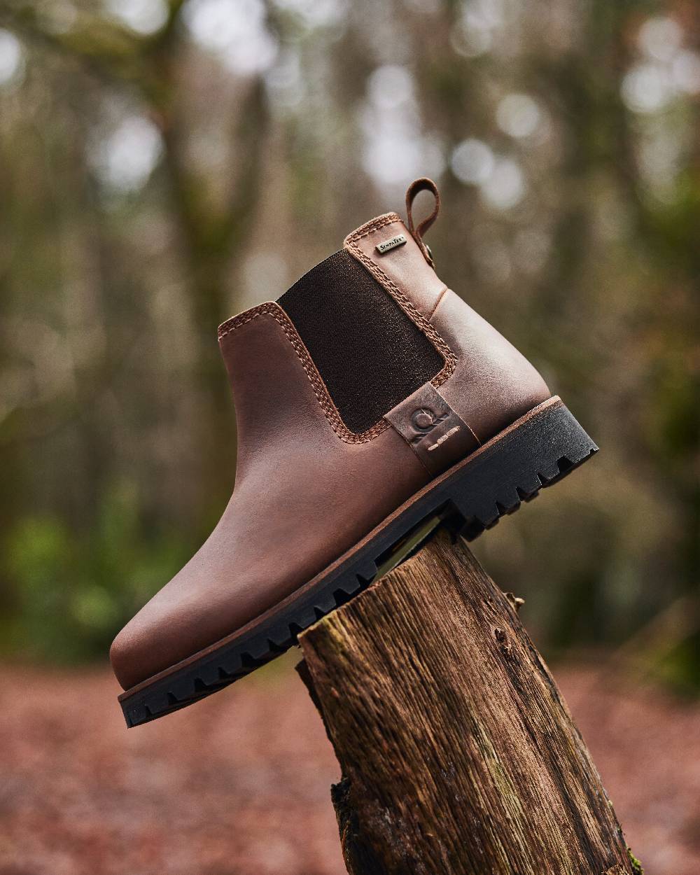 Chocolate Coloured Chatham Womens Olympia II-Premium Leather Waterproof Chelsea Boots on blurry background