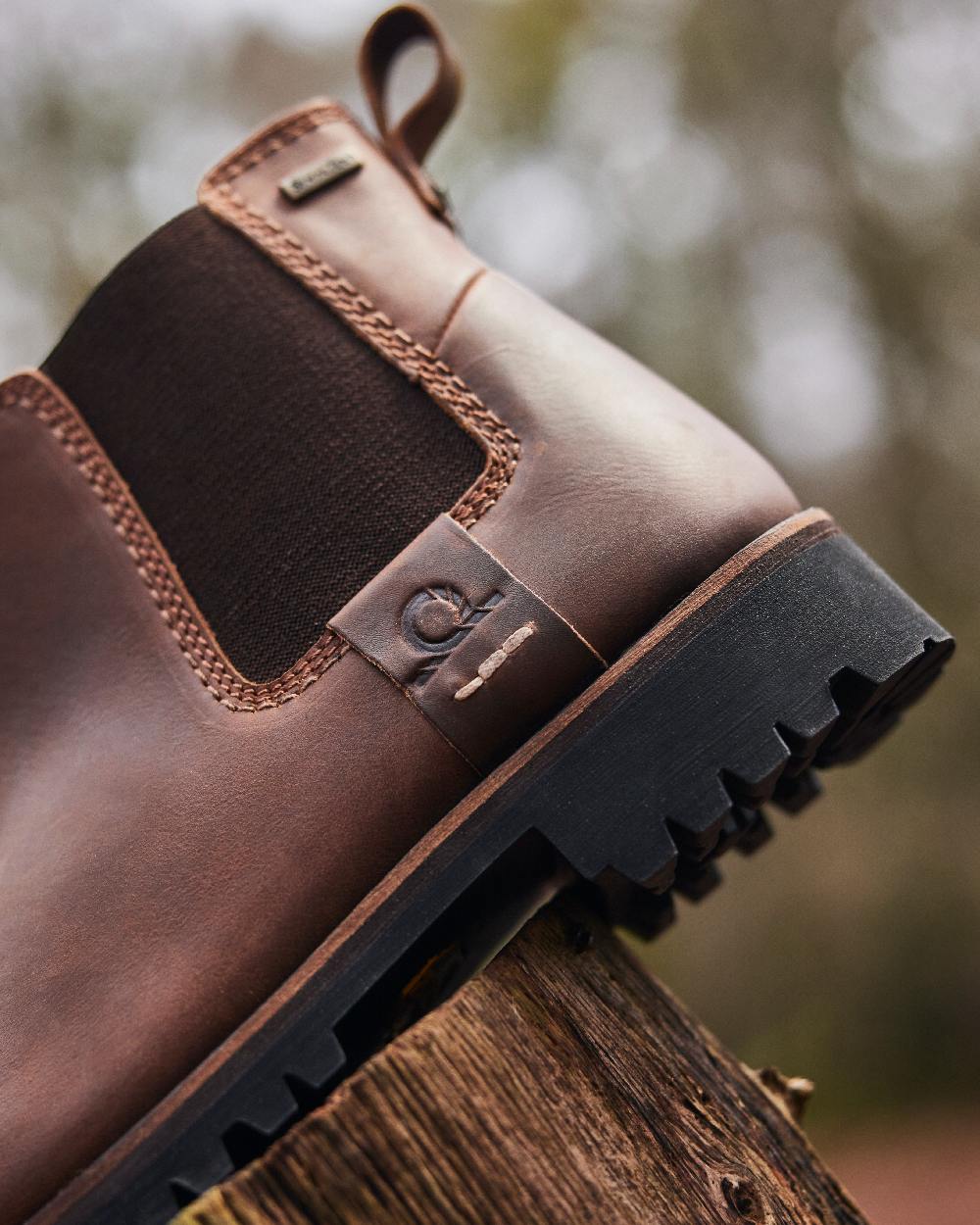 Chocolate Coloured Chatham Womens Olympia II-Premium Leather Waterproof Chelsea Boots on blurry background