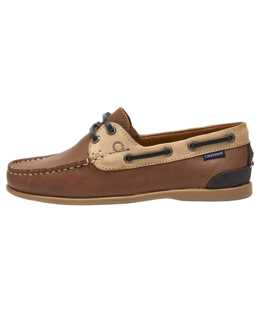 Tan Sand Navy coloured Chatham Womens Penang Leather Boat Shoes on white background