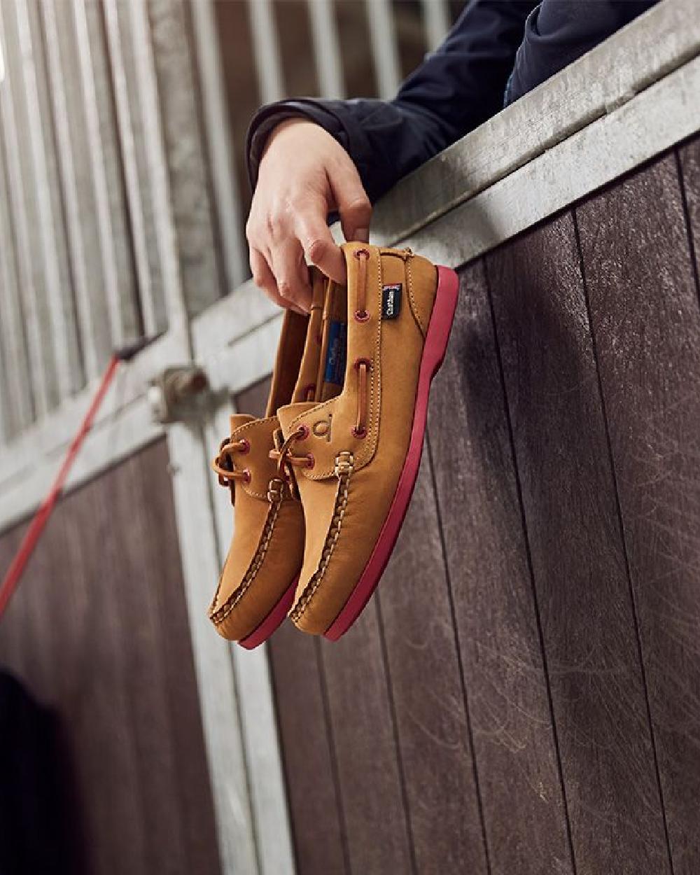 Tan Pink Coloured Chatham Womens Pippa II G2 Leather Boat Shoes on ship background