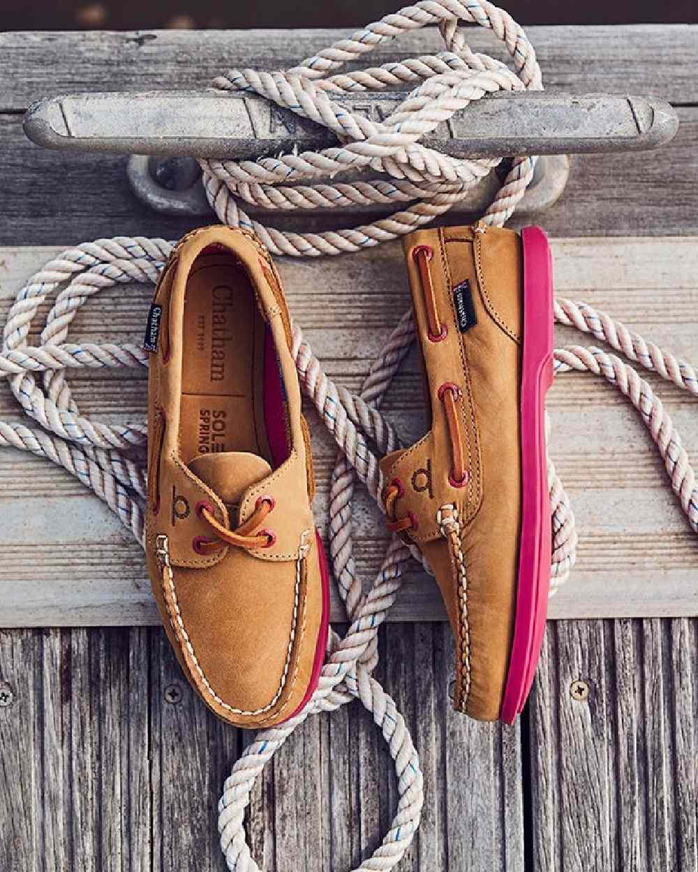Tan Pink Coloured Chatham Womens Pippa II G2 Leather Boat Shoes on boat background