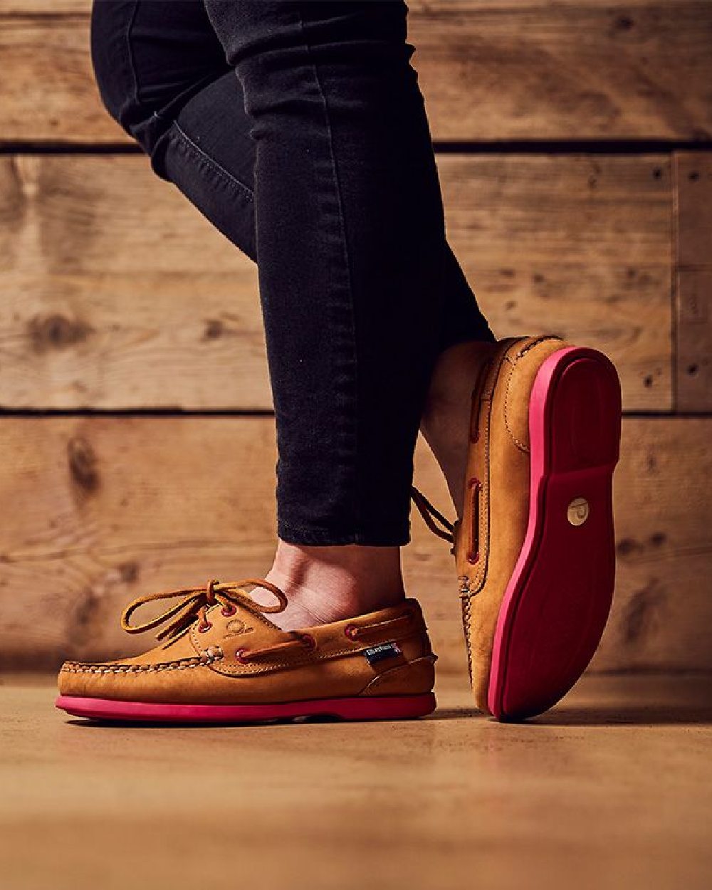 Tan Pink Coloured Chatham Womens Pippa II G2 Leather Boat Shoes on floor background