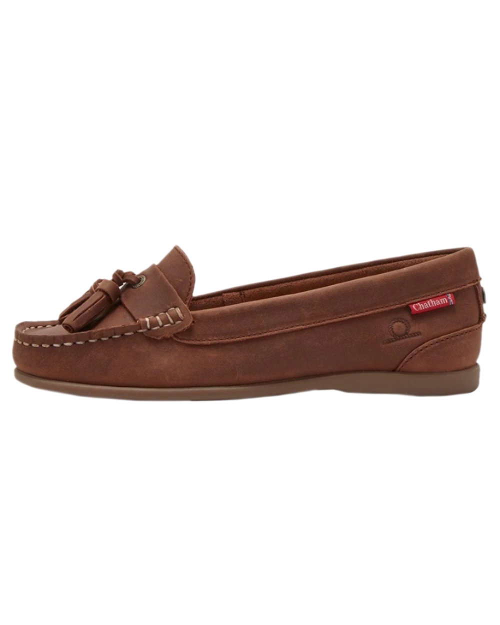 Dark Tan Coloured Chatham Womens Pulau Premium Leather Tassel Loafers on white background