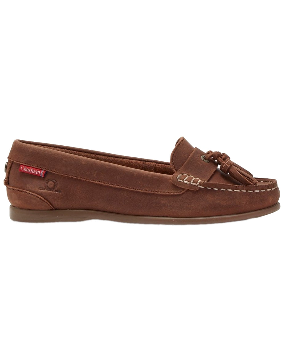 Dark Tan Coloured Chatham Womens Pulau Premium Leather Tassel Loafers on white background