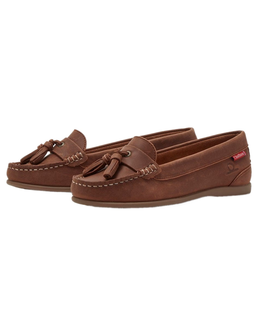 Dark Tan Coloured Chatham Womens Pulau Premium Leather Tassel Loafers on white background