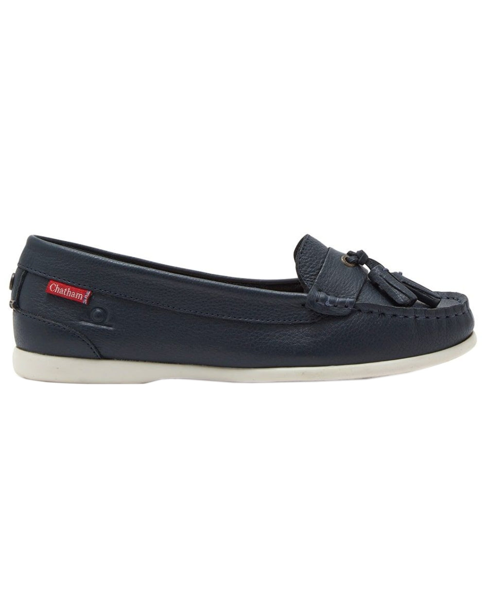 Navy Coloured Chatham Womens Pulau Premium Leather Tassel Loafers on white background