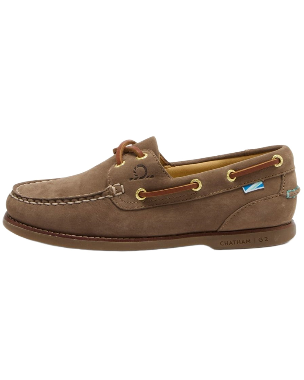 Fossil coloured Chatham Mens Lyme G2 Premium Nubuck Boat Shoes on white background