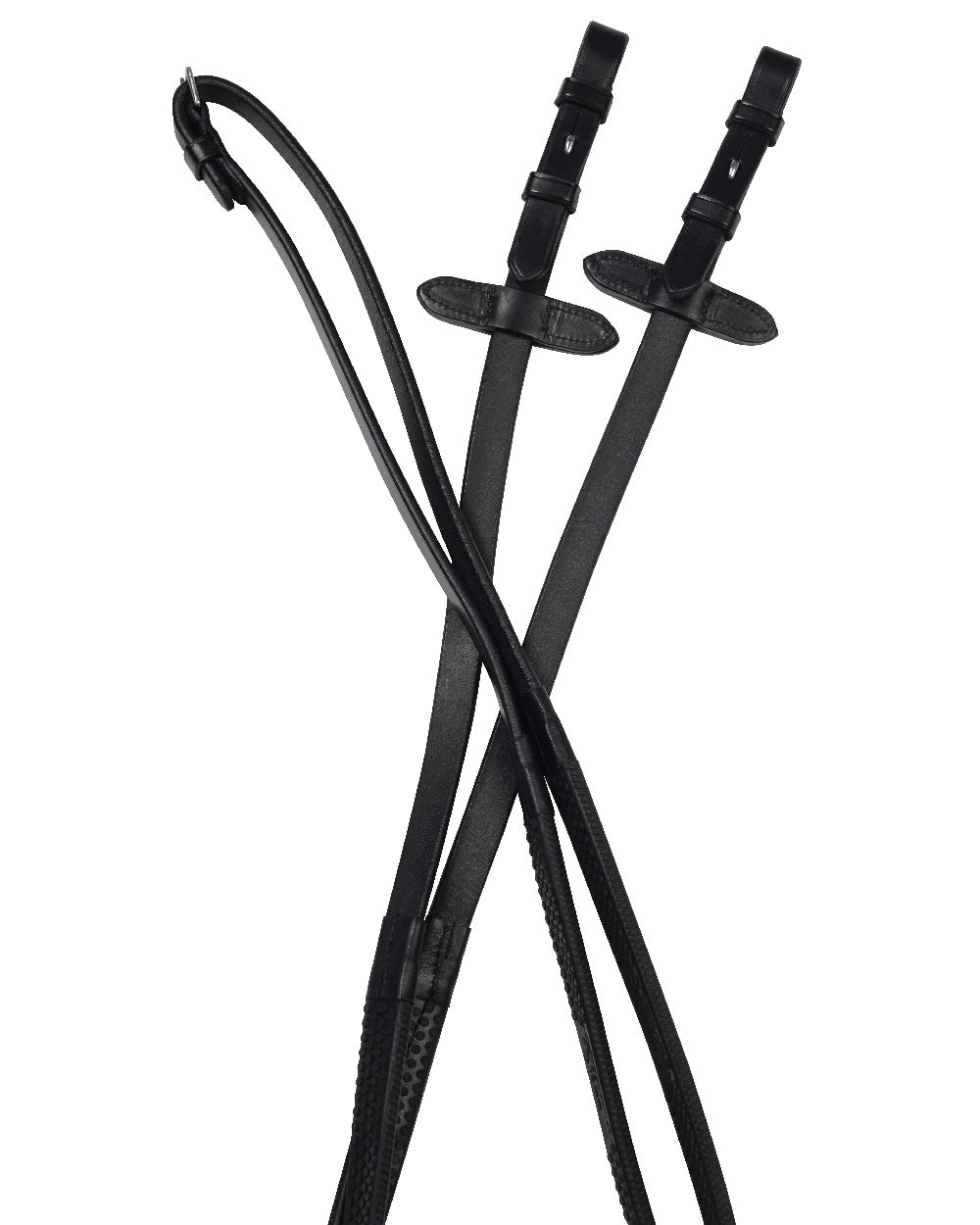 Black coloured Collegiate Flexi Grip Reins IV on white background