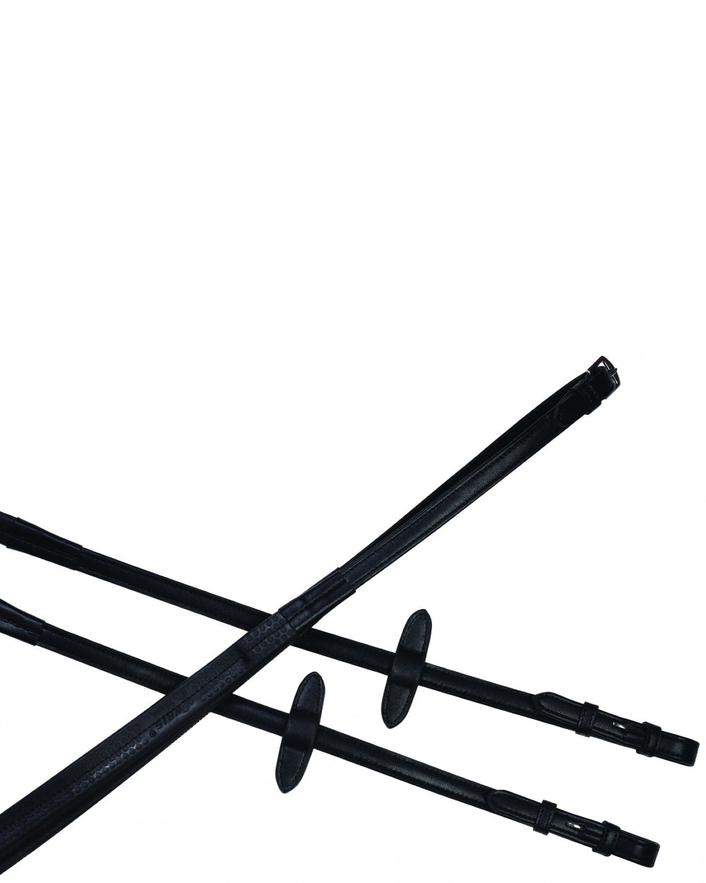 Black coloured Collegiate Syntovia Plus Rubber Reins on white background