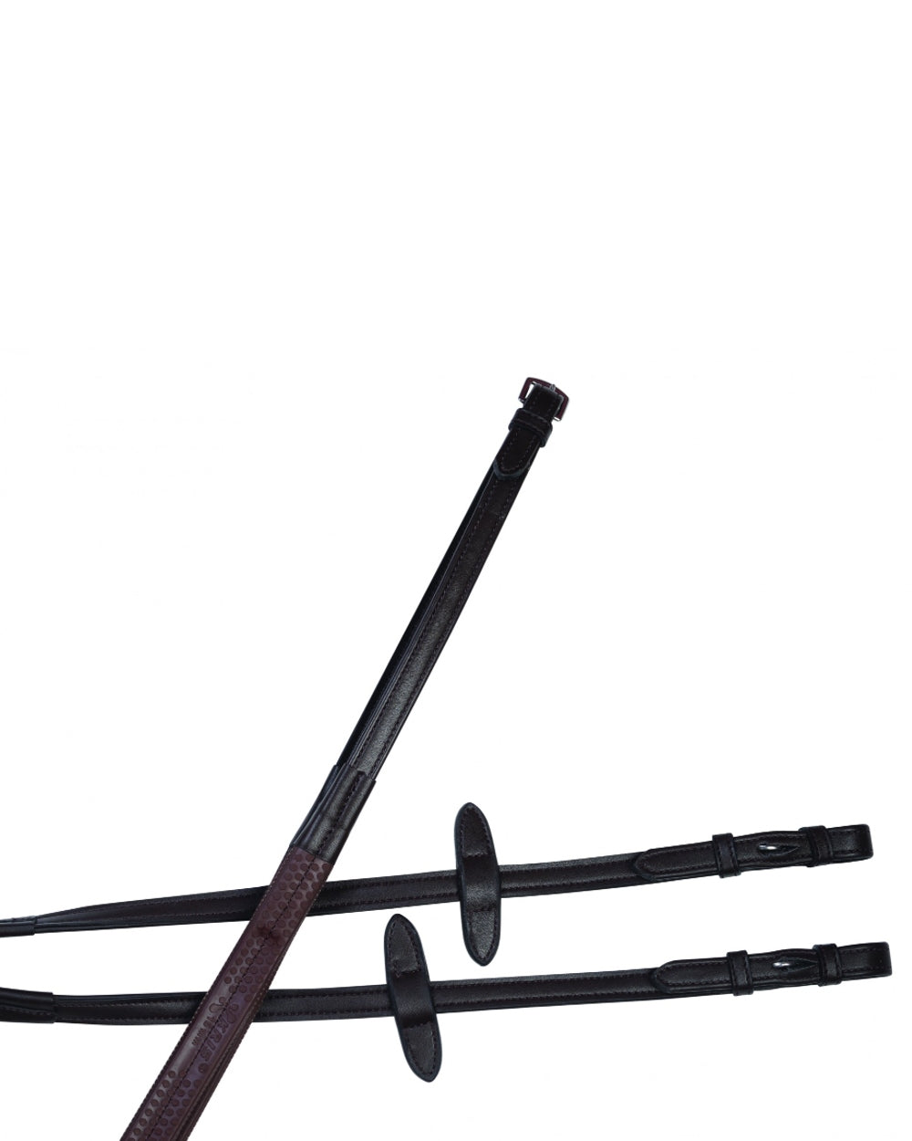 Brown coloured Collegiate Syntovia Plus Rubber Reins on white background