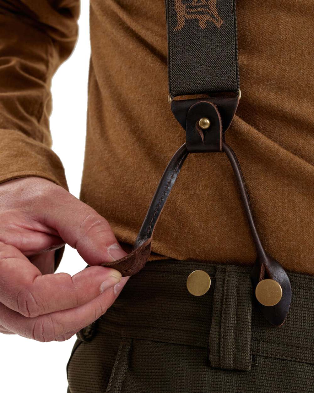 Walnut coloured Combi Braces, Buttons and Clips on white background