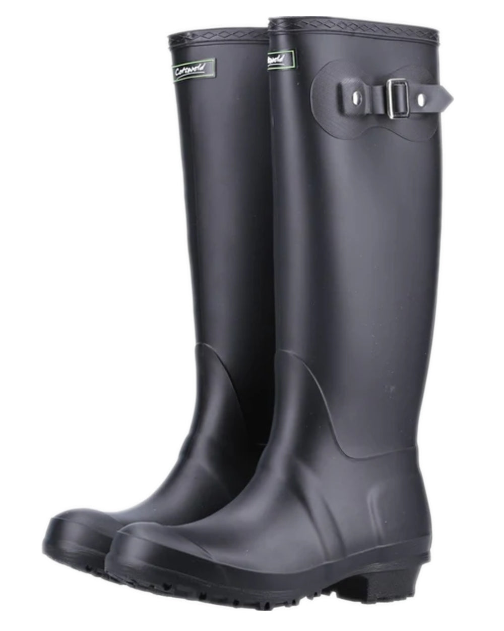 Black coloured Cotswold Sandringham Buckle Strap Wellingtons on white background