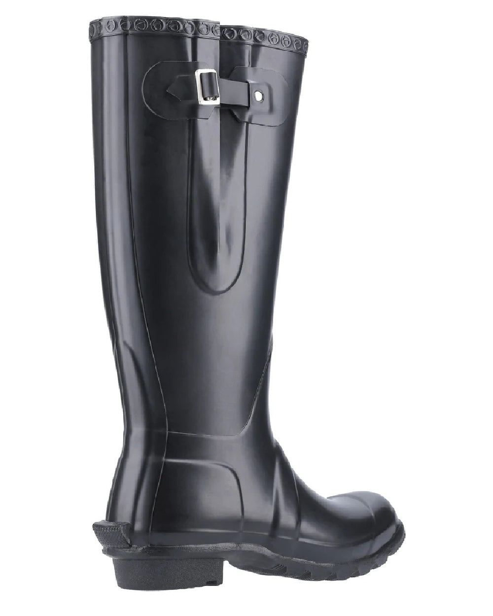 Black coloured Cotswold Windsor Buckle Strap Rubber Wellingtons on white background