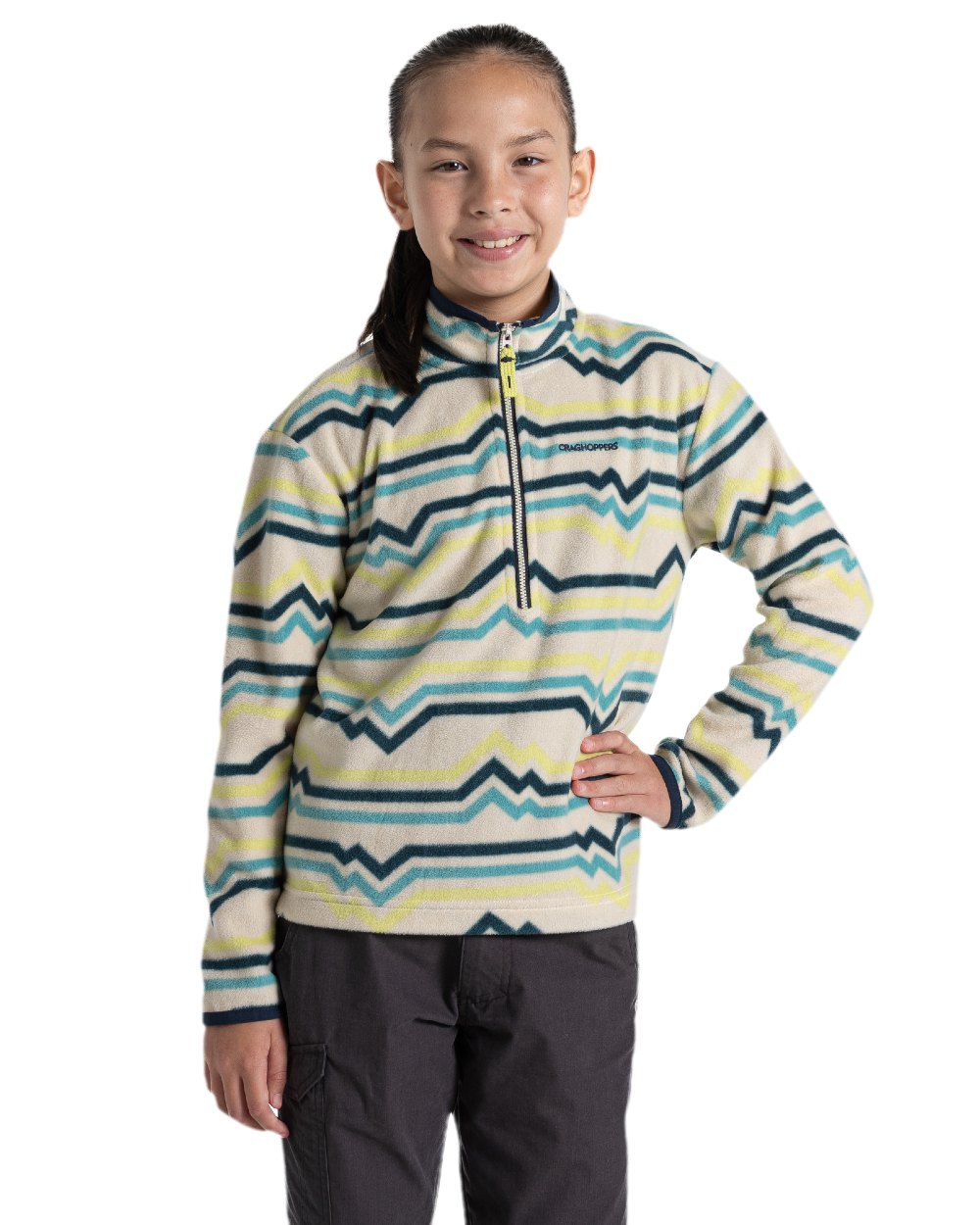 Key Lime Print Coloured Craghoppers Childrens Bachas Half Zip Fleece on white background