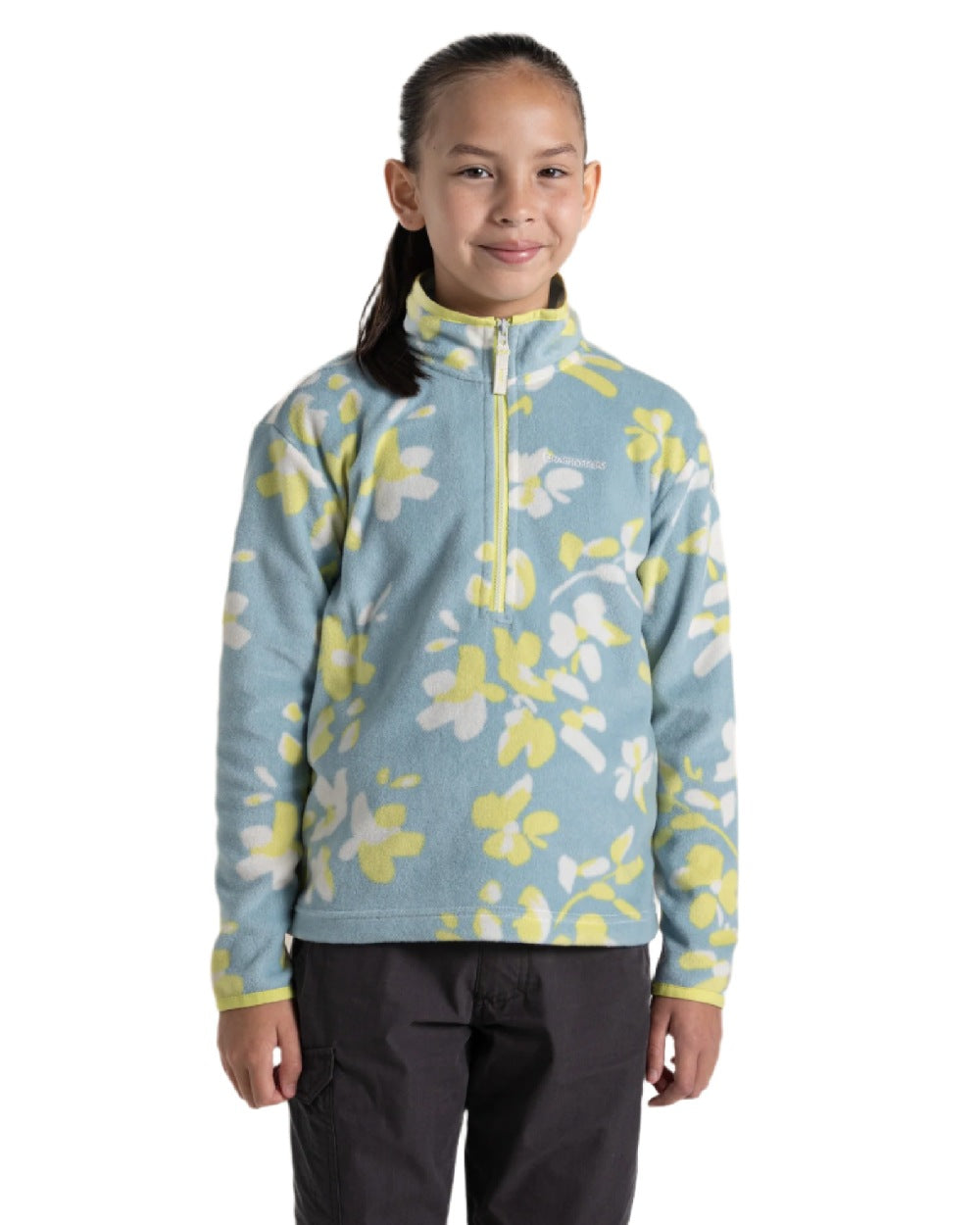 Sky Blue Print Coloured Craghoppers Childrens Bachas Half Zip Fleece on white background
