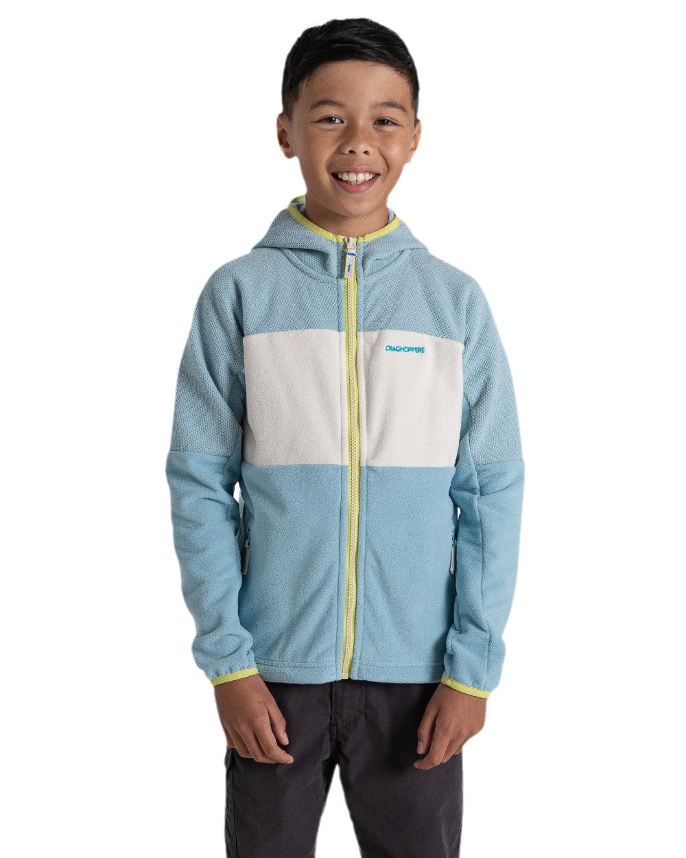 Sky Blue Coloured Craghoppers Childrens Bindloe Hooded Fleece Jacket on white background