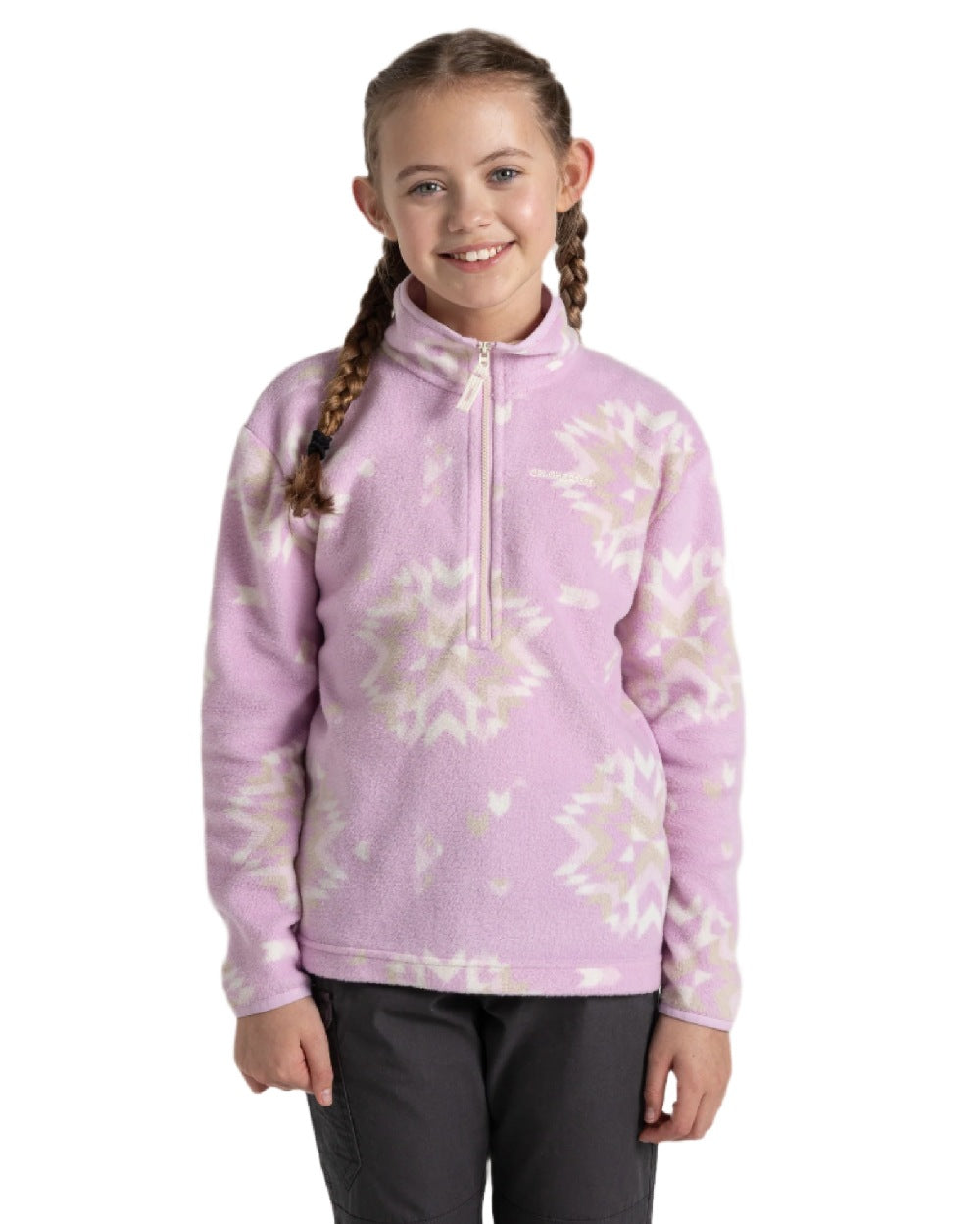 Orchid Print Coloured Craghoppers Childrens Calke Half Zip Fleece on white background