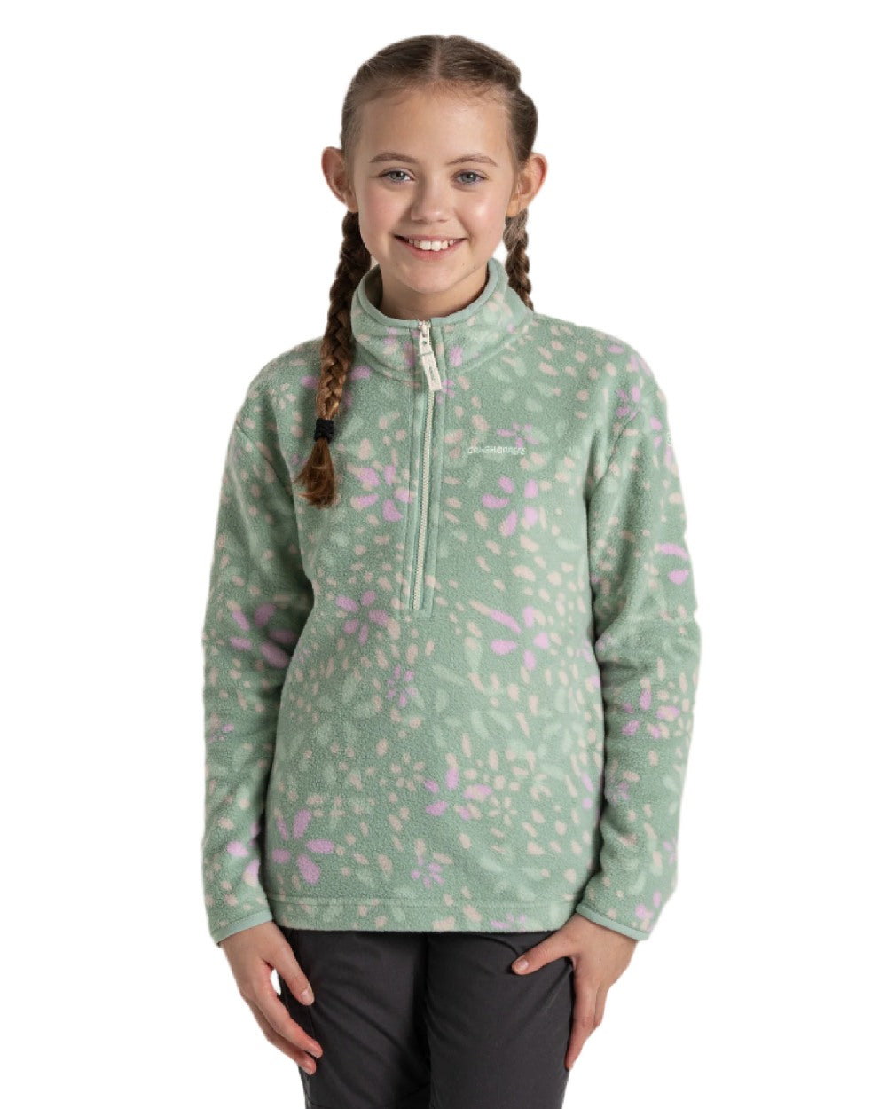Pale Pistachio Print Coloured Craghoppers Childrens Calke Half Zip Fleece on white background
