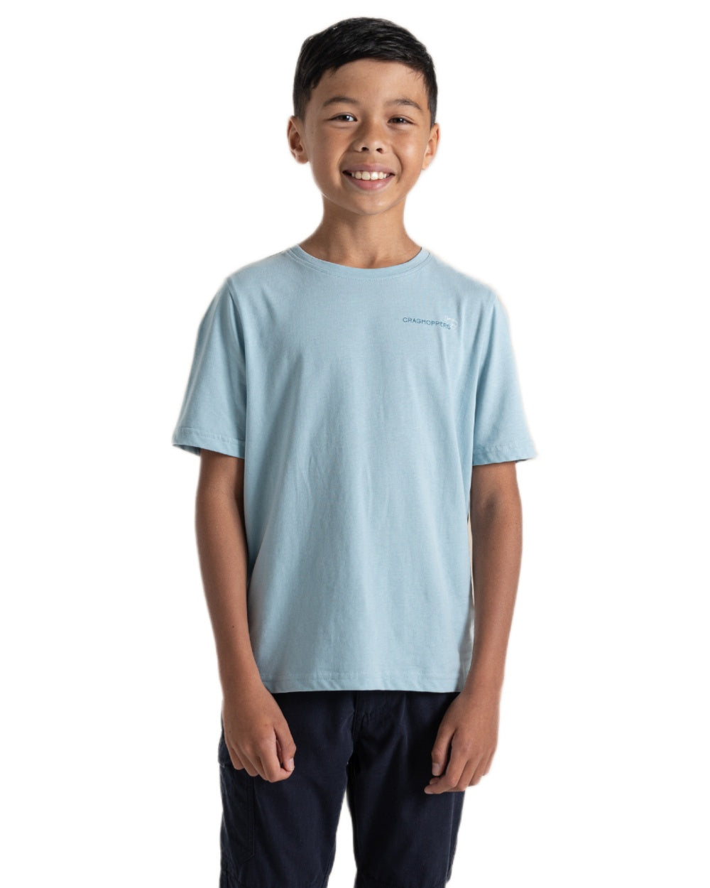 Sky Blue coloured Craghoppers Childrens Ellis Short Sleeved T-Shirt on white background