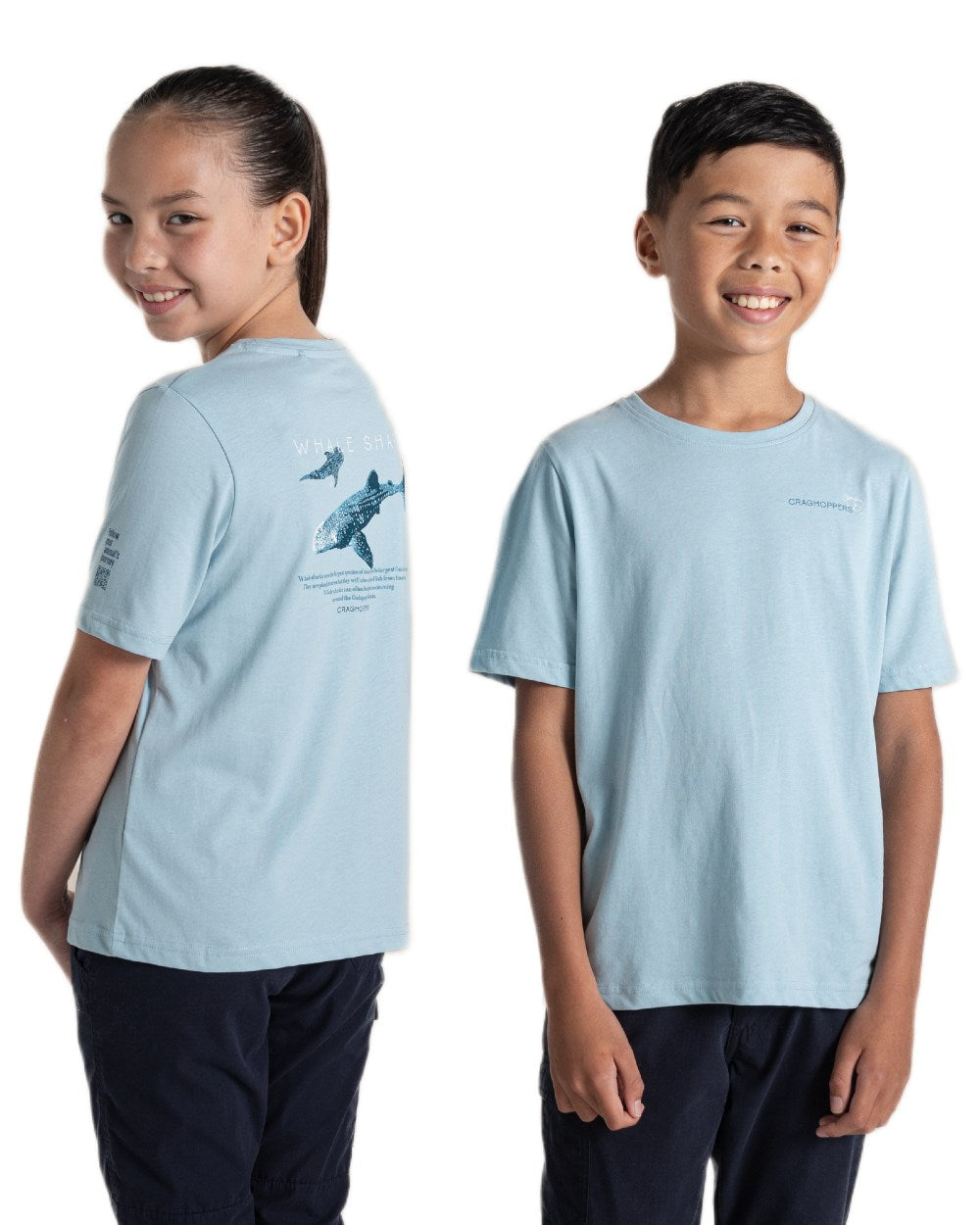 Sky Blue coloured Craghoppers Childrens Ellis Short Sleeved T-Shirt on white background