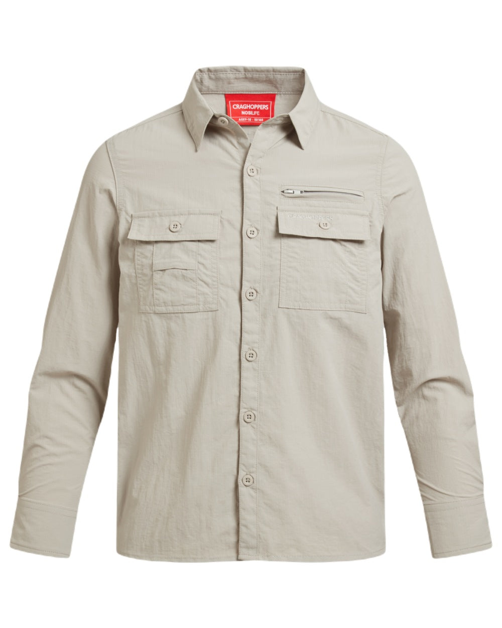 Parchment coloured Craghoppers Childrens NosiLife Adventure Long Sleeved Shirt on white background