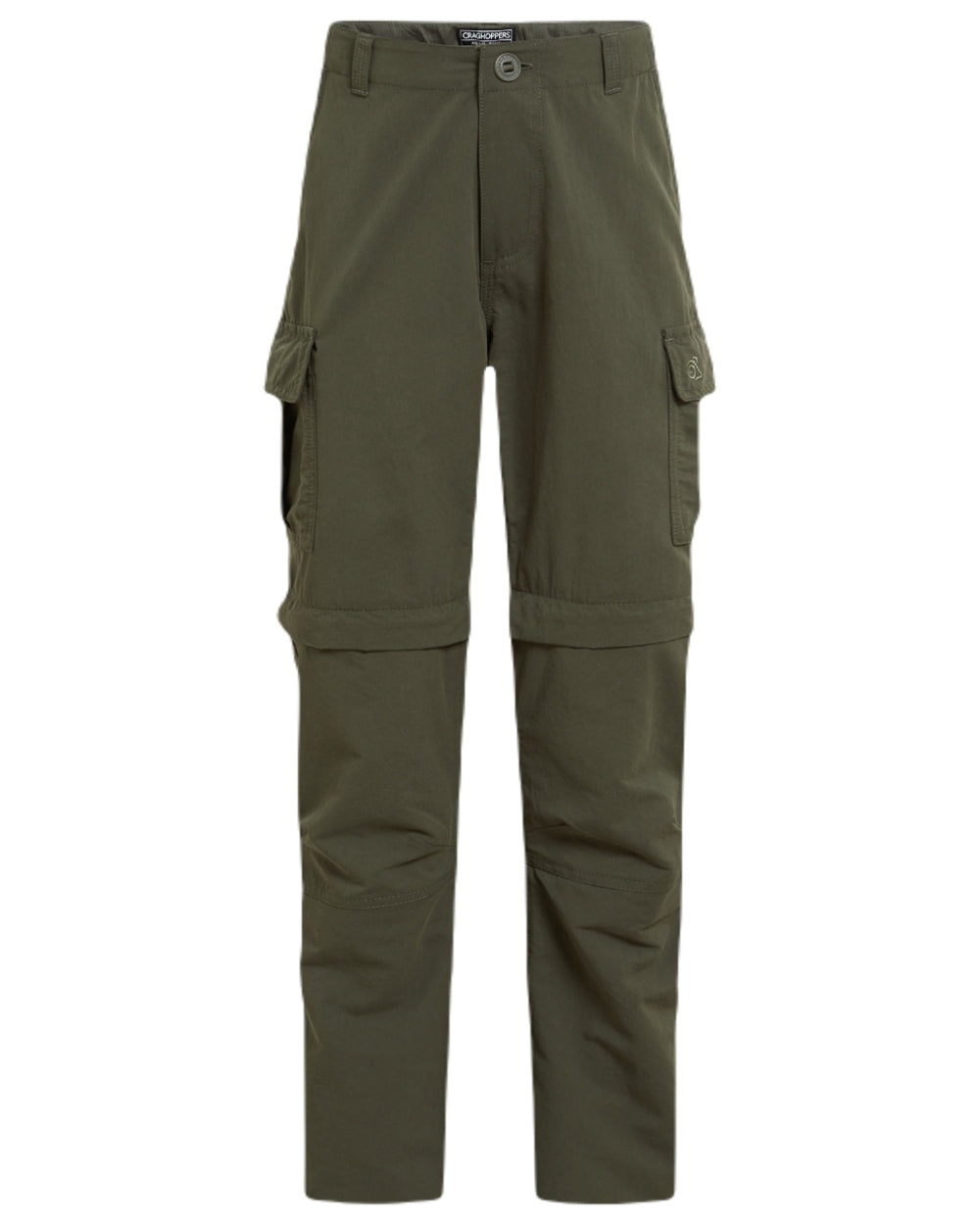 Woodland Green coloured Craghoppers Childrens NosiLife Convertible Trousers on white background