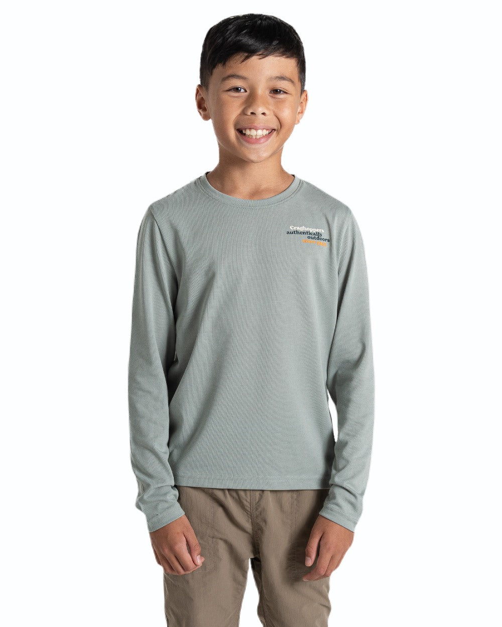 Lichen Green coloured Craghoppers Childrens Nosilife Cruz Long Sleeved T-Shirt on white background