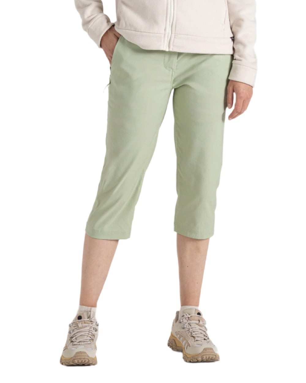 Bud Green coloured Craghoppers Kiwi Pro Crop II Trousers on white background