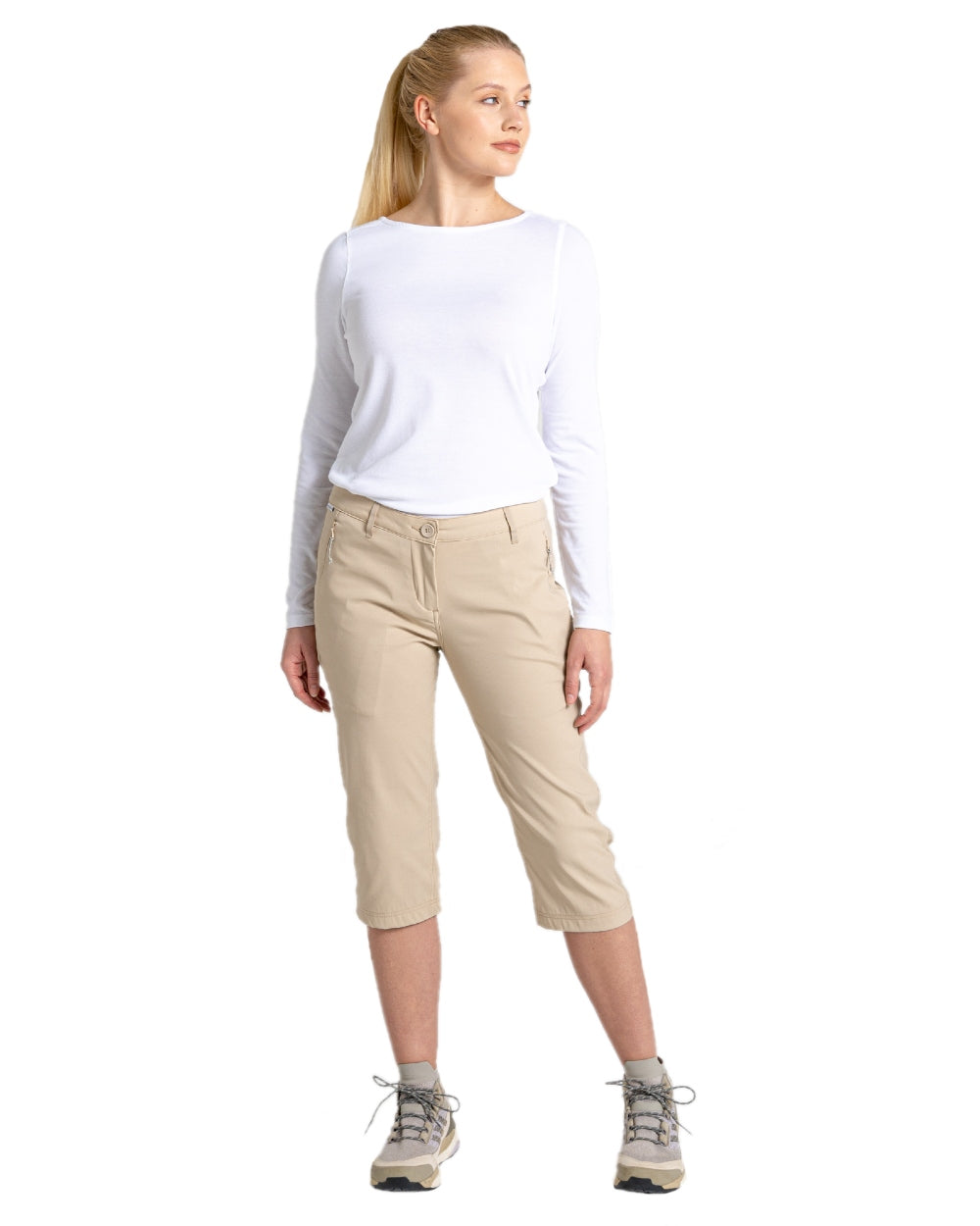 Desert Sand coloured Craghoppers Kiwi Pro Crop II Trousers on white background