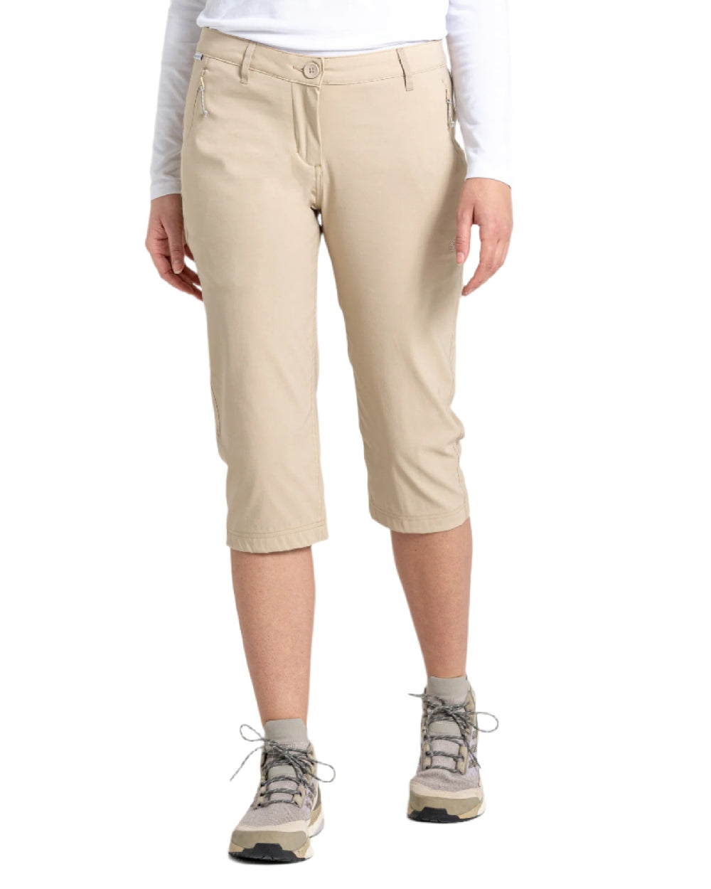 Desert Sand coloured Craghoppers Kiwi Pro Crop II Trousers on white background