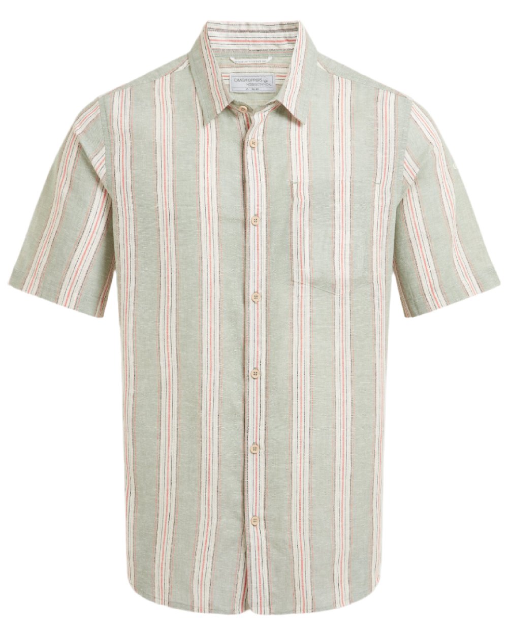 Lichen Green Stripe Coloured Craghoppers Mens Argino Short Sleeved Shirt on white background