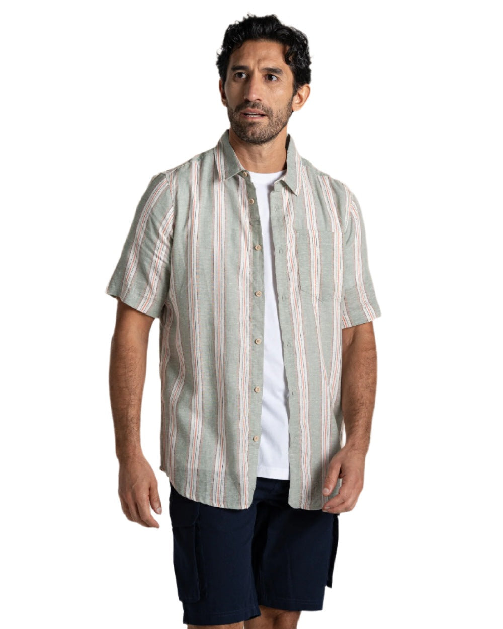 Lichen Green Stripe Coloured Craghoppers Mens Argino Short Sleeved Shirt on white background