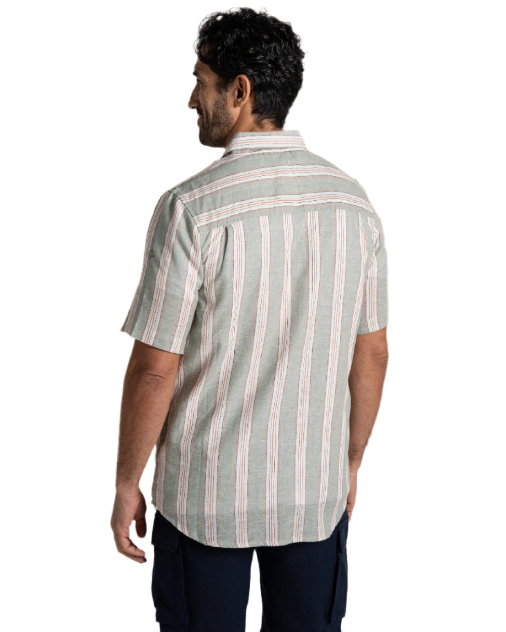 Lichen Green Stripe Coloured Craghoppers Mens Argino Short Sleeved Shirt on white background