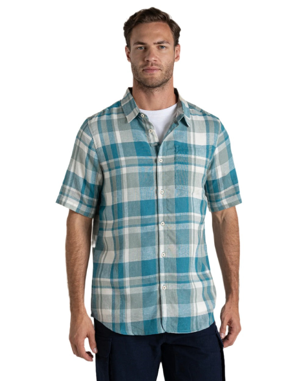Tranquil Blue Check Coloured Craghoppers Mens Argino Short Sleeved Shirt on white background