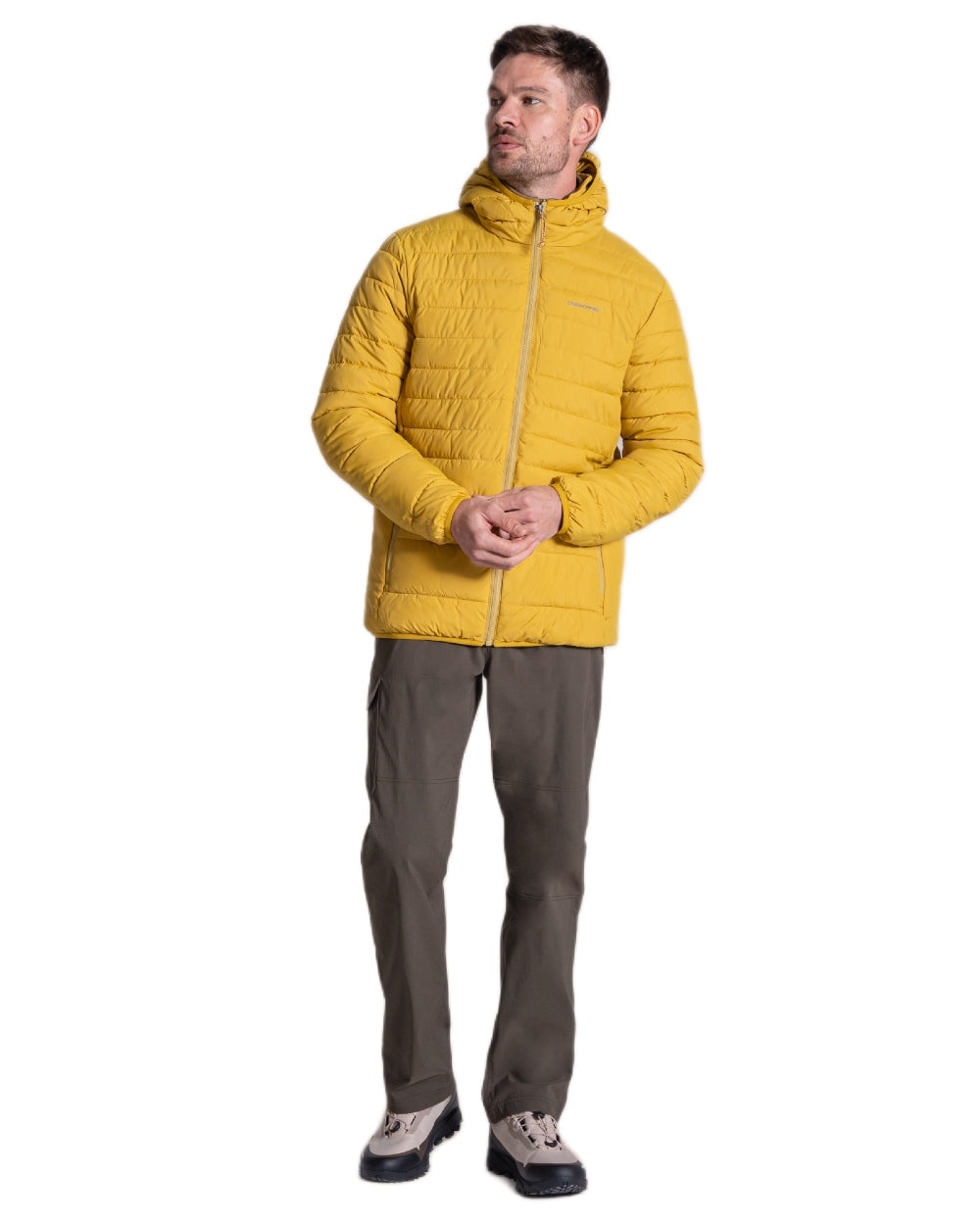 Sulphur Yellow Coloured Craghoppers Mens Compresslite IX Hooded Insulating Jacket on white background