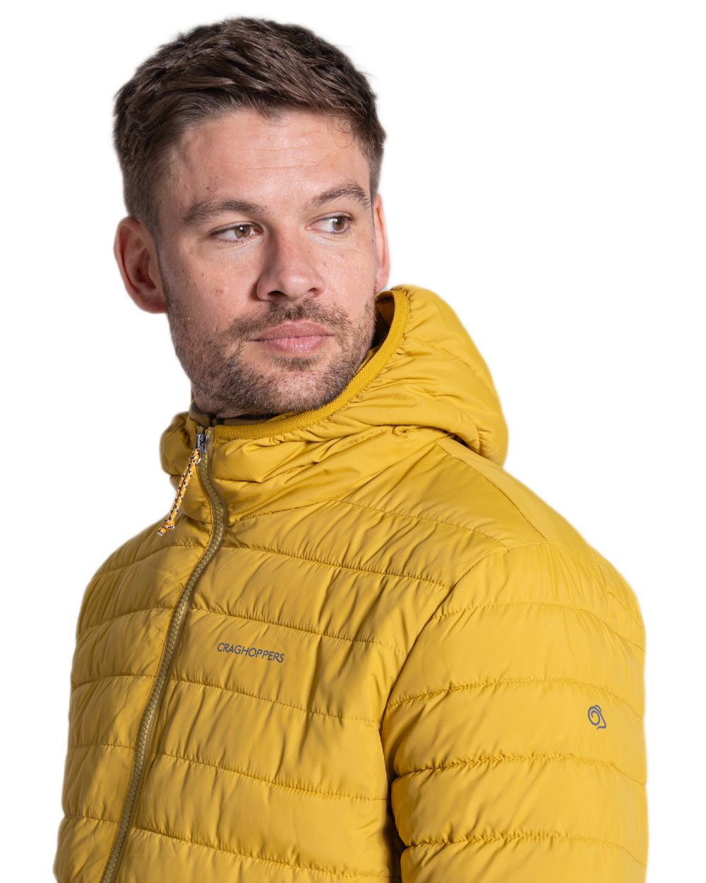Sulphur Yellow Coloured Craghoppers Mens Compresslite IX Hooded Insulating Jacket on white background