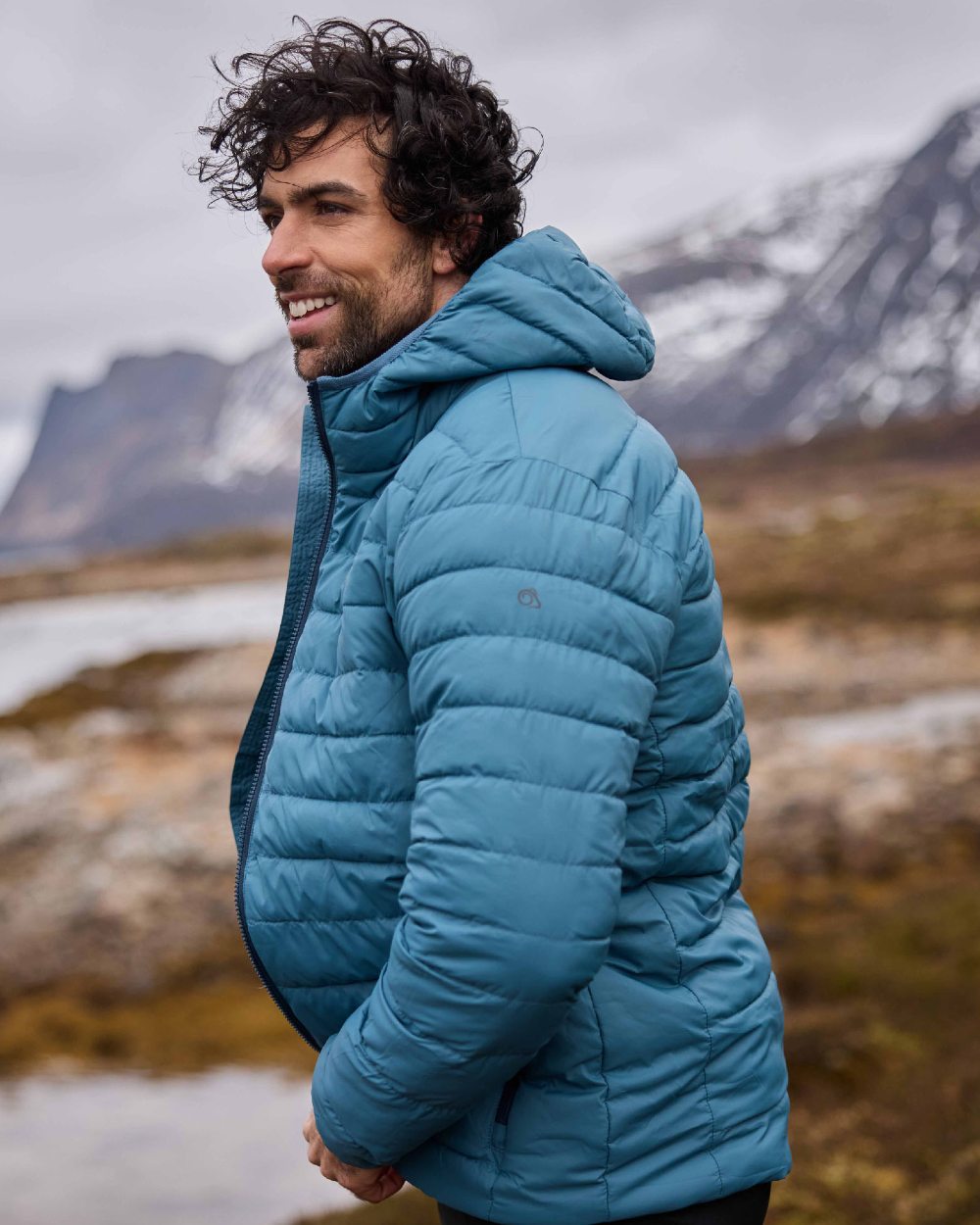 Winter Storm Coloured Craghoppers Mens Compresslite IX Hooded Insulating Jacket on mountain background