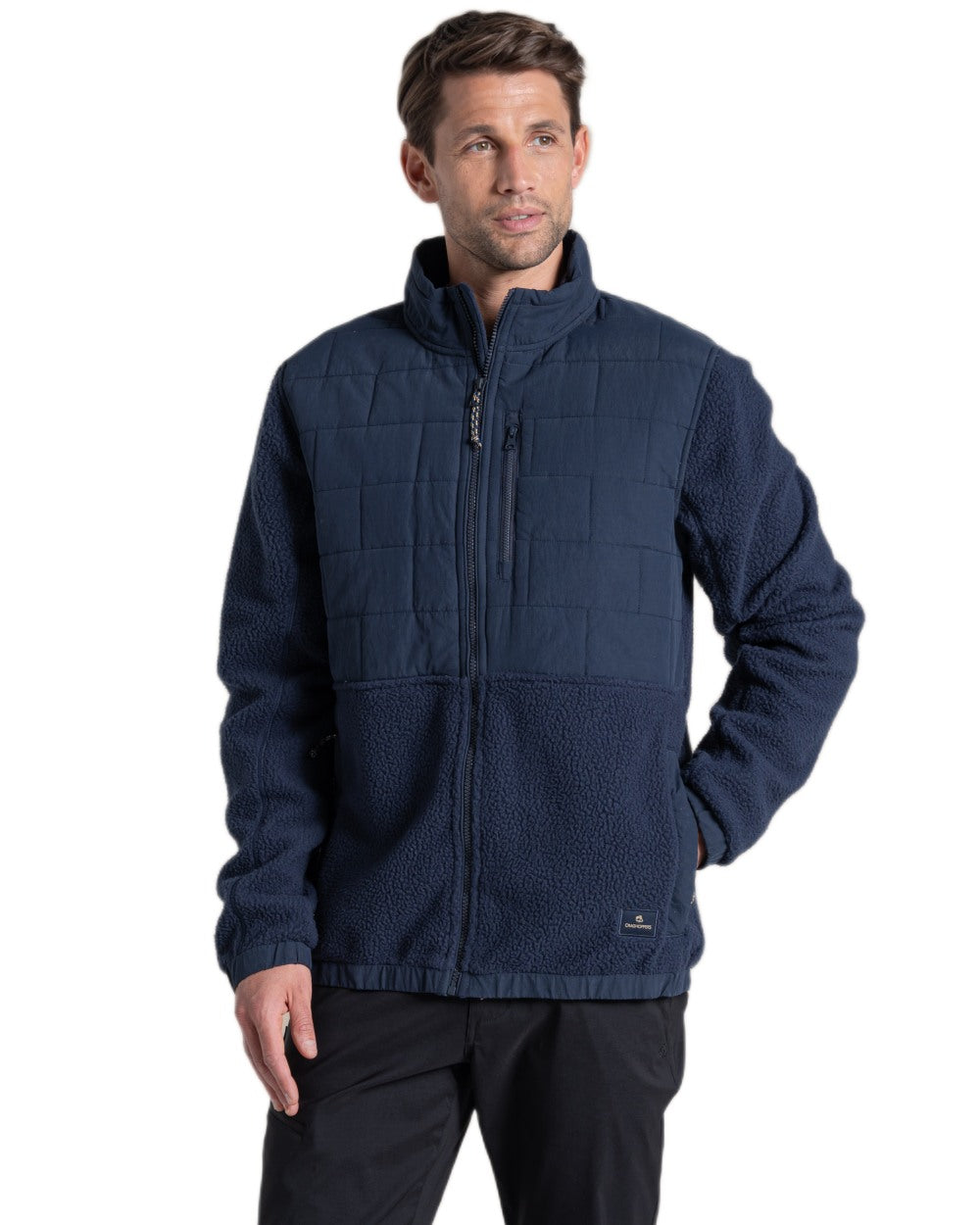Blue Navy coloured Craghoppers Mens Helvellyn Hybrid Jacket on white background