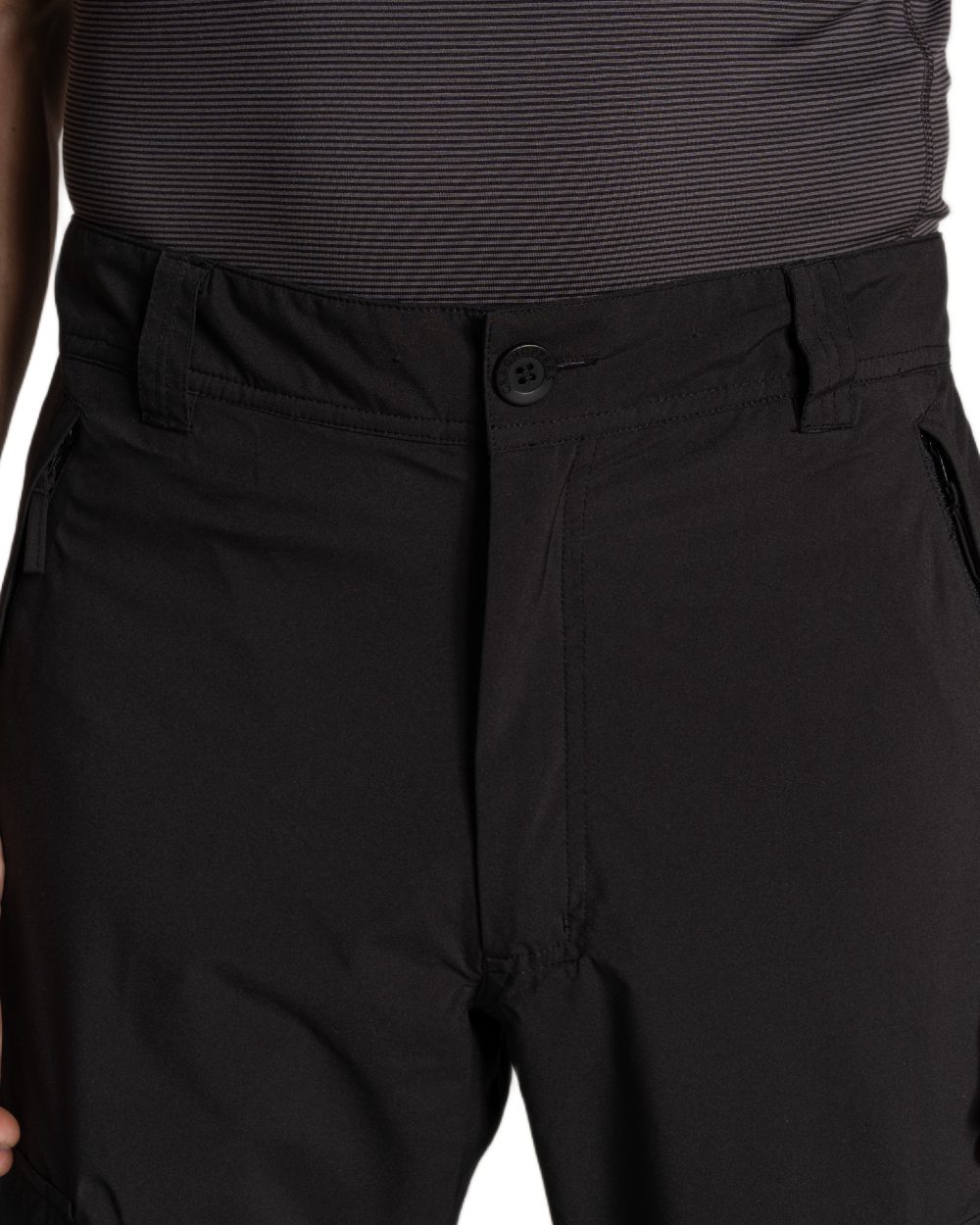 Black coloured Craghoppers Mens Indus Waterproof Lightweight Cargo Trousers on white background