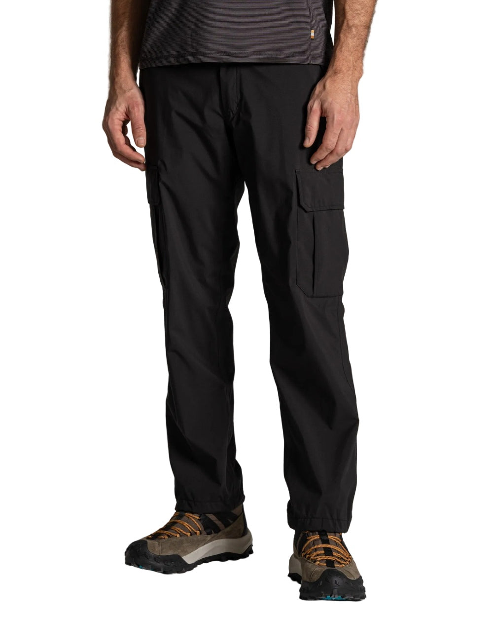 Black coloured Craghoppers Mens Indus Waterproof Lightweight Cargo Trousers on white background