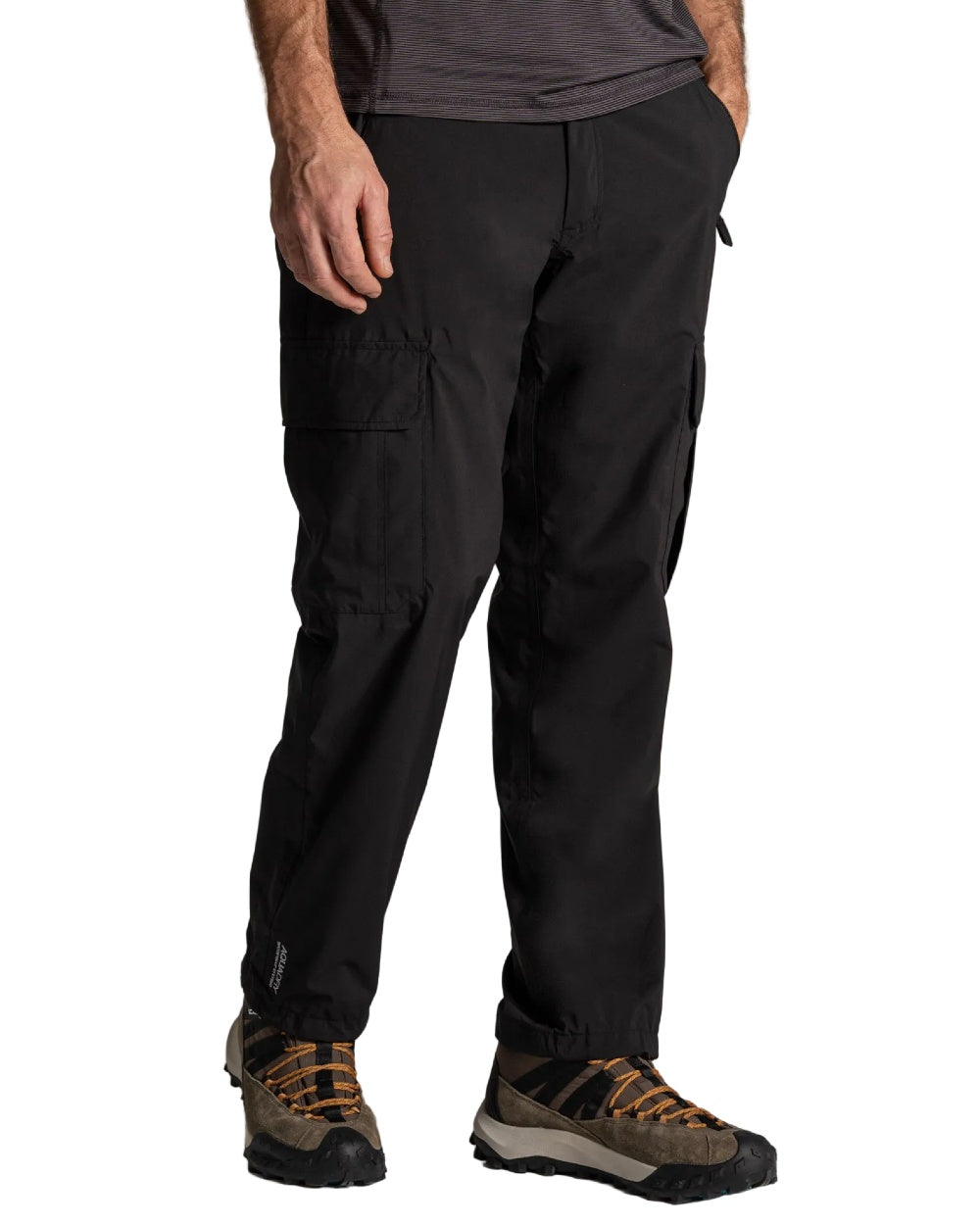 Black coloured Craghoppers Mens Indus Waterproof Lightweight Cargo Trousers on white background