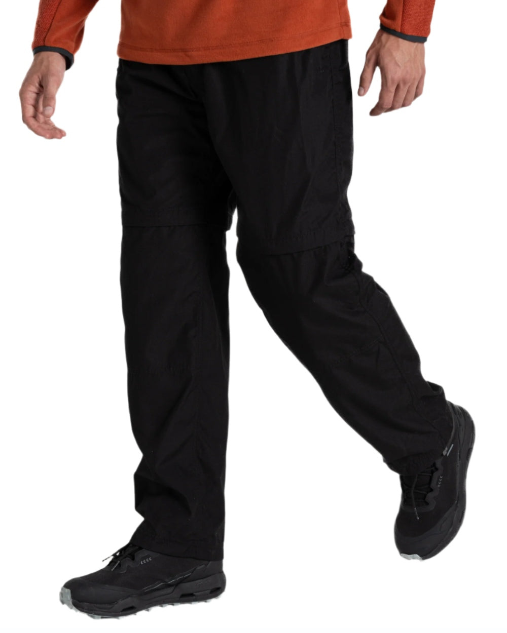 Black coloured Craghoppers Mens Kiwi Convertible Recycled Trousers on white background