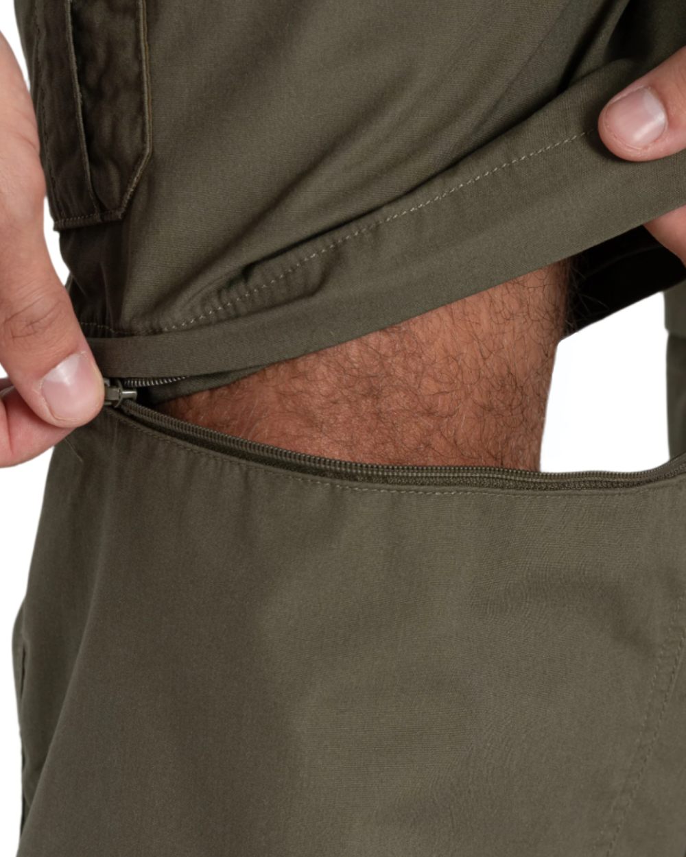 Wild Olive coloured Craghoppers Mens Kiwi Convertible Recycled Trousers on white background