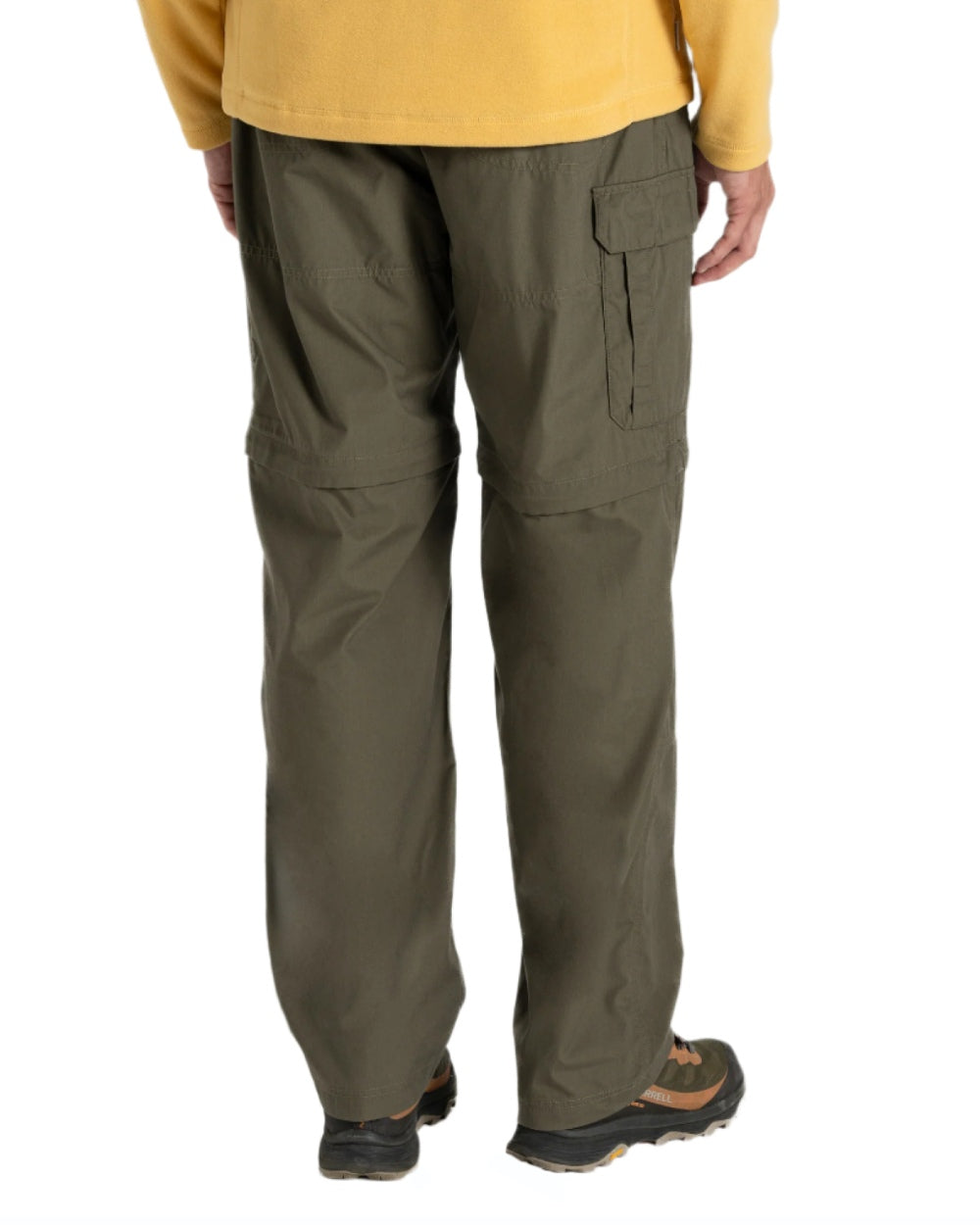 Wild Olive coloured Craghoppers Mens Kiwi Convertible Recycled Trousers on white background