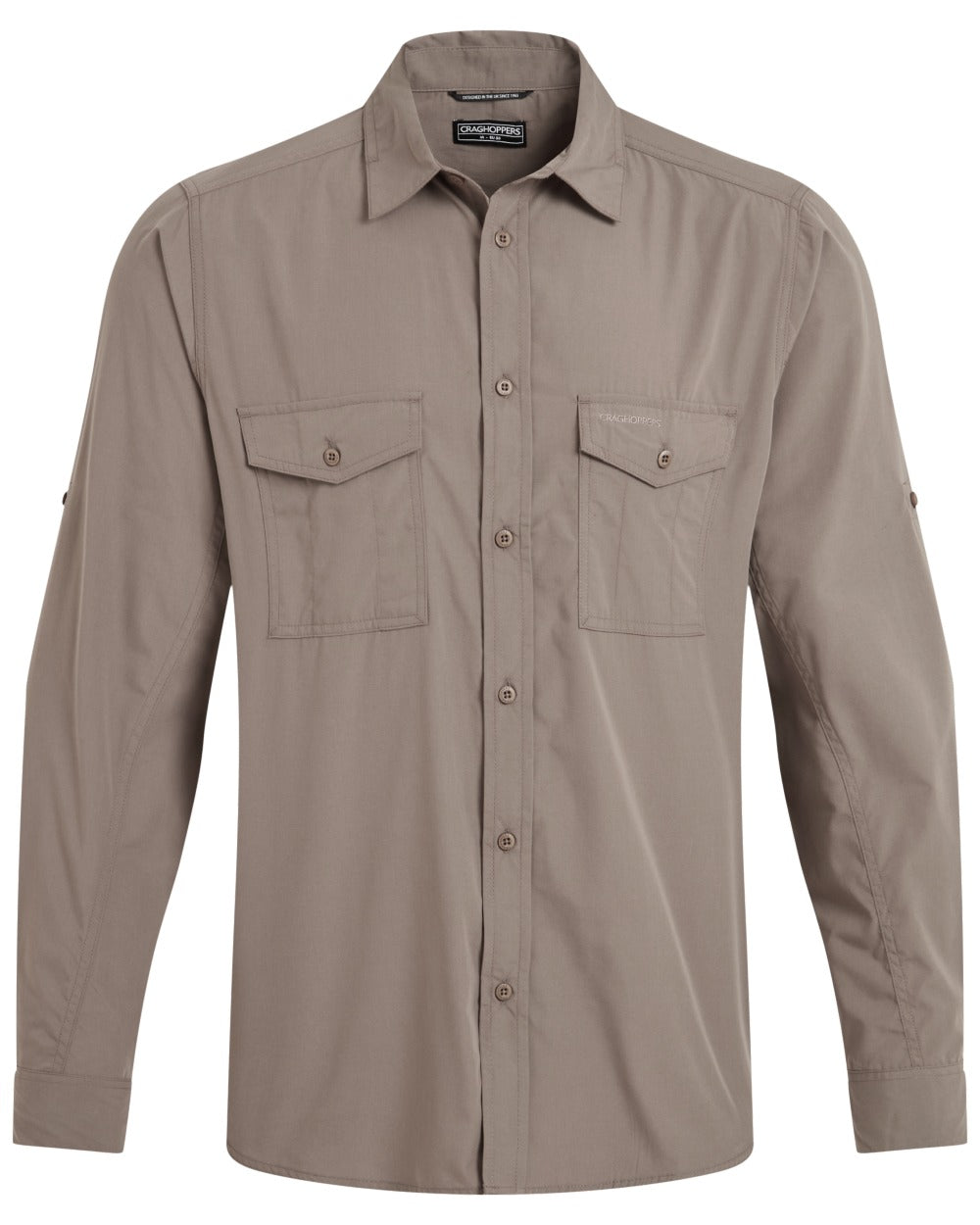 Pebble coloured Craghoppers Mens Kiwi II Long Sleeved Shirt on white background